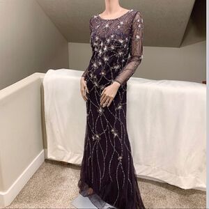 Elegant Long Sleeved Floral  Sequins and Beads Gown